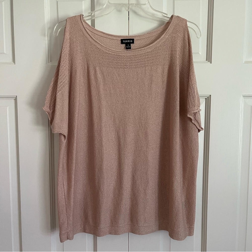 TORRID Pale Pink Shimmer Pointelle Cold Shoulder Dolman Top